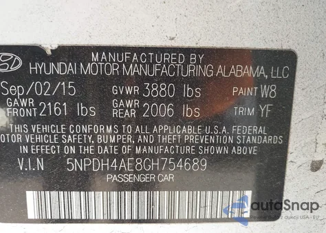 2016 Hyundai Elantra Se from USA, damaged, VIN 5NPDH4AE8GH754689